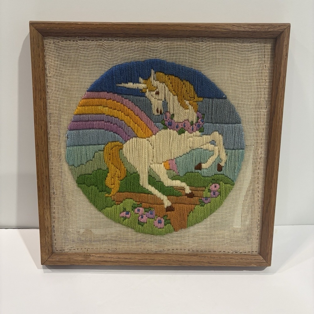 Vtg 1980s Unicorn Rainbow Crewel Artwork Hand‎ Stitched Framed 14 X 14 Whimsical